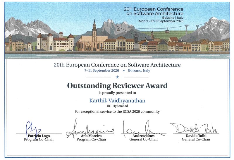 Prof. Karthik Vaidhyanathan Receives Outstanding Reviewer Award at ECSA 2026 - Image 1